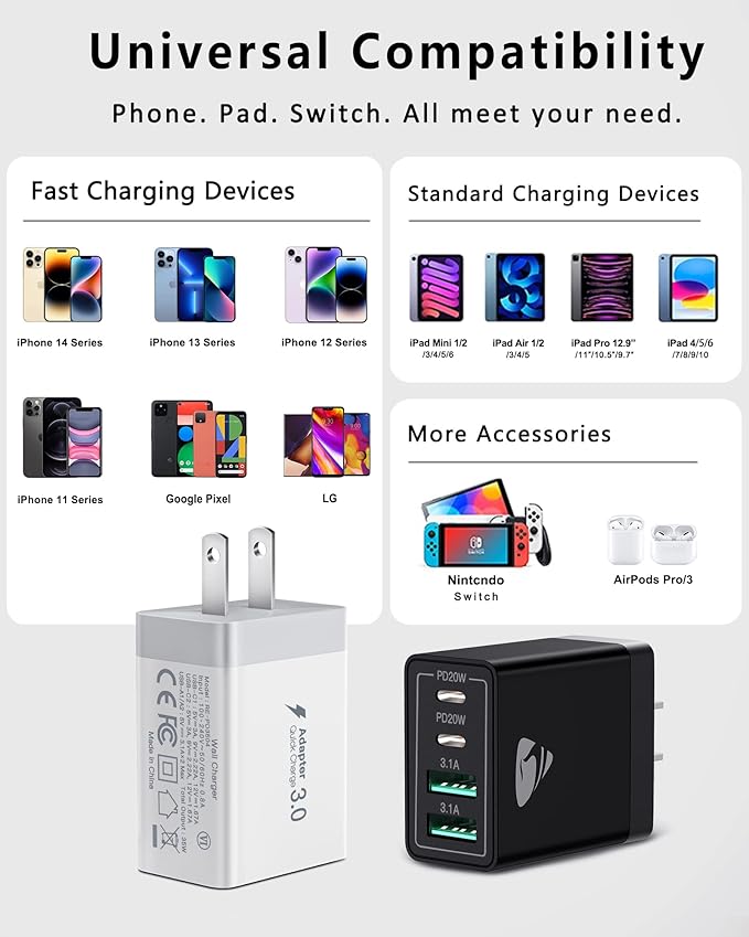 [2-Pack] USB C Wall Charger, Aiminu 40W Fast USB C Charger, 4-Port QC+PD 3.0 Power Adapter Double Fast Wall Plug Type C Charging Block for iPhone 15/14 Pro Max/13/12 mini/11/XS/XR,Tablet, Cube