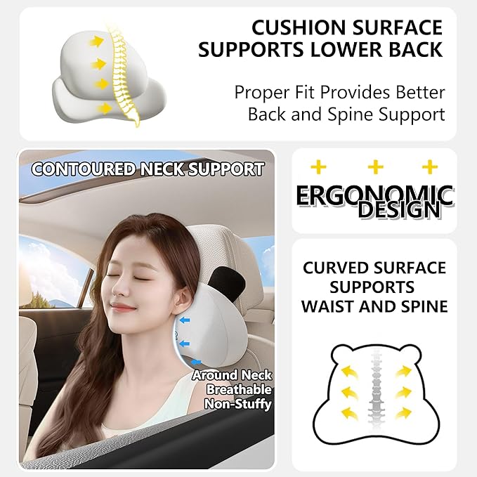 Cute Panda Car Neck Pillow & Lumbar Support Memory Foam Cushion for Driving Adjustable Headrest Waist Pillow for Most Seats (Brown, Backrest)