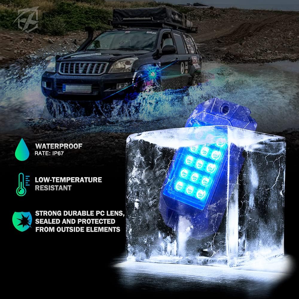 Xprite Bluetooth RGB LED Rock Lights Kit, Multicolor Neon Accent Music Flashing Lighting Underglow Kits with RF Controller for Off-Road, Trucks, Cars, UTV, ATV, SUV, RZR, Motorcycles, Boats - 10 PCS