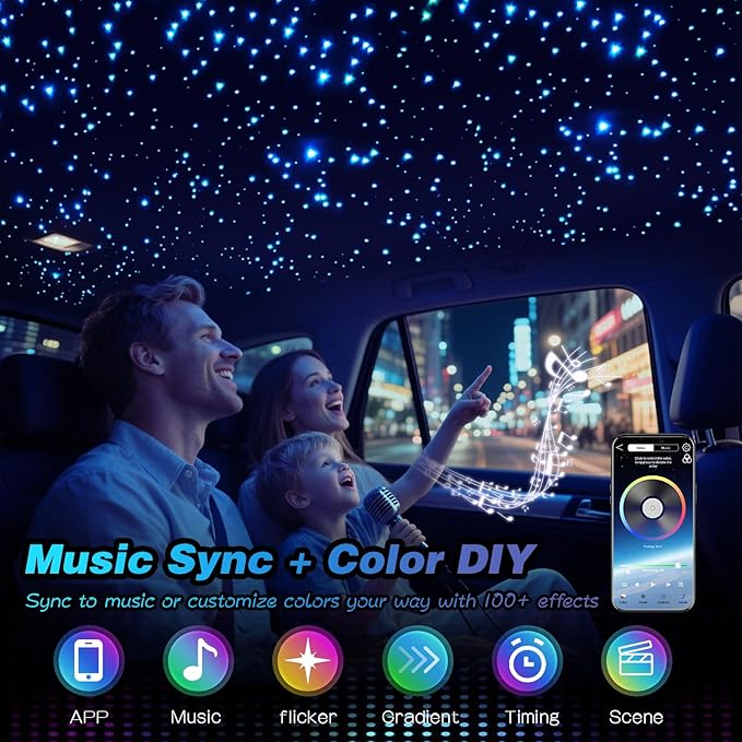 VASTFIRE Starlight Headliner Kit 1000pcs, 32W Dual-Color Meteor + Twinkle Star Headliner kit Music/Voice Activated Star Lights for Car, Bed Room, RVs, Home Theaters | Bluetooth + Remote Contr