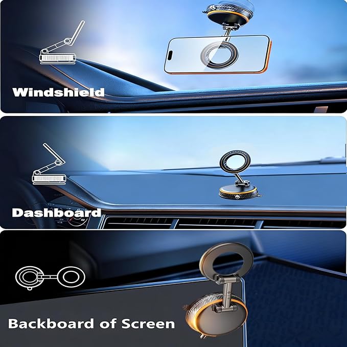 Magnetic Car Phone Holder, 360°Adjustable Vacuum Dashboard and Windshield Mount Magsafe Cell Phone Holders for Your Car, Carbon Fiber 108+LBS Nano Gel Suction Cup, iPhone, Samsung (Orange)