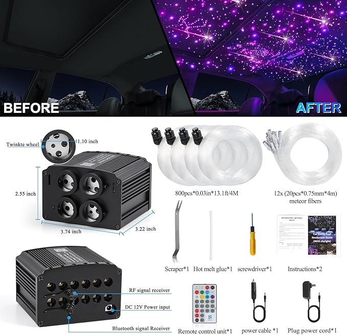 Car Starlight Headliner Kit, 4 Colors 32W Twinkle & Meteor Fiber Optic Ceiling Lights, 2 in 1 Light Engine 800pcs*0.03in*13.1ft+240 RGBW Shooting Stars Lights for Car Roof Décor