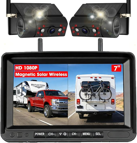 2 Magnetic Wireless Backup Camera: 3 Min Install 7" HD1080P Monitor, Rechargeable No Wiring Scratch-Proof Waterproof IR Night Vision Solar Wireless Backup Camera for Trucks/RV/Trailer/Camper/SUV