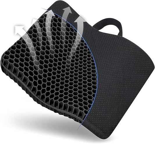Gel Seat Cushion, for Long Sitting -Double Thick Gel Seat Cushion Breathable Honeycomb Chair Cushion with Non-Slip Cover for Office Chair Car, Wheelchair, Long Trips,Relief Sciatica Pain
