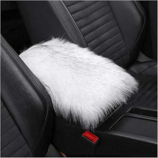 Furry Auto Center Console Cover Pad, 11.8"x7.8" Soft Sheepskin Wool Armrest Cushion, Fluffy Vehicle Armrest Seat Box Protector, Car Interior Accessories for Women Men (White/Black)