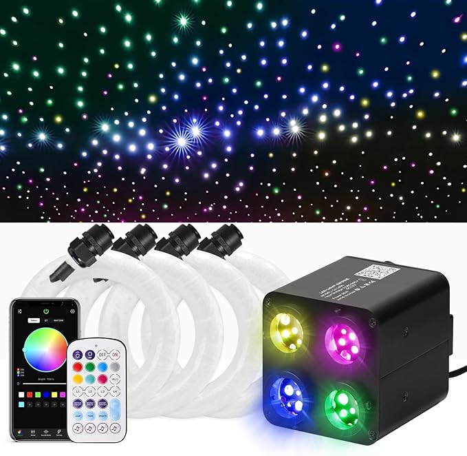36W 4-Color RGBW Car Starlight Headliner Kit, 1100pcs0.03in13.1ft, Twinkle & Sound Activate 4-Port Fiber Optic Light Engine with Bluetooth APP&Remote Control, Star Lights for Car and Home
