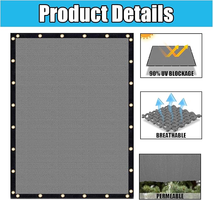 Amagenix 90% Shade Fabric 8'X 8' Gray Sun Shade Cloth with Grommets for Pergola Replacement Shade Cover Canopy, Heavy Duty, Cable Zip Ties Included (We Customized)