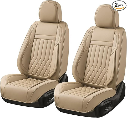 KEYOOG 2-Seater Waterproof and Breathable Nappa Leather Car Seat Covers Full Set, Fit for Front Seats of Cars, Compatible with Airbags, Car Seat Protector Covers for Most Cars - Beige