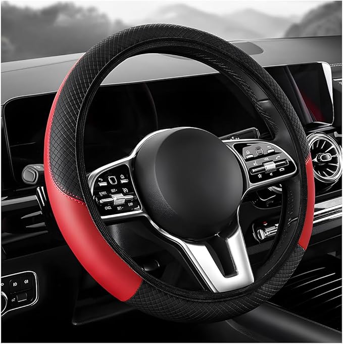Car Steering Wheel Cover, 15 inch Carbon Fiber Microfiber Leather Elastic Steering Wheel Protector, Breathable Anti-Slip Comfortable Steering Wheel Covers for Most Cars (Black&Red, AD)
