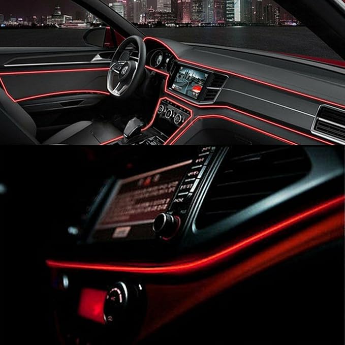 Riloer El Wire Lights for Car, Interior Neon Lights Strip Car LED Strip Light Interior for Car Garden Party Decoration, Car Ambient Lighting Kits, 5m/16.4ft Red LED