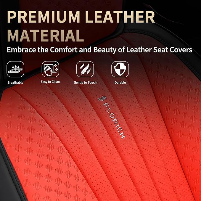 FLORICH Car Seat Covers, Premium Leatherette Car Seat Covers Full Set, Breathable Car Seat Cushion Front Seats and Back, Automotive Seat Protectors for Sedans Cars SUV Trucks - Black&Red