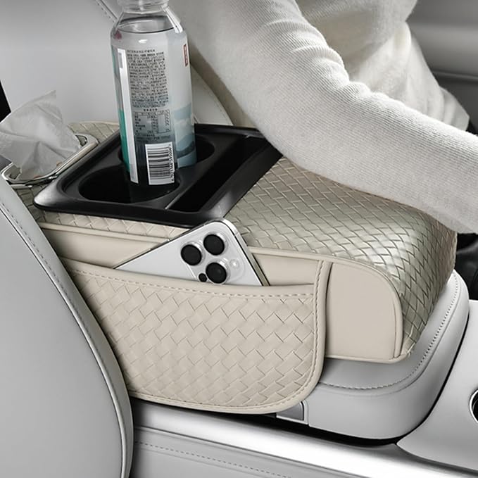 Car Armrest Cushion Cover Car Center Console Memory Foam Booster Pad with Storage Pocket and Tissue Hole for Sedan Vehicle (Cupholder - Blue, 13.39 * 7.68 * 2.95'' / 34 * 19.5 * 7.5cm)