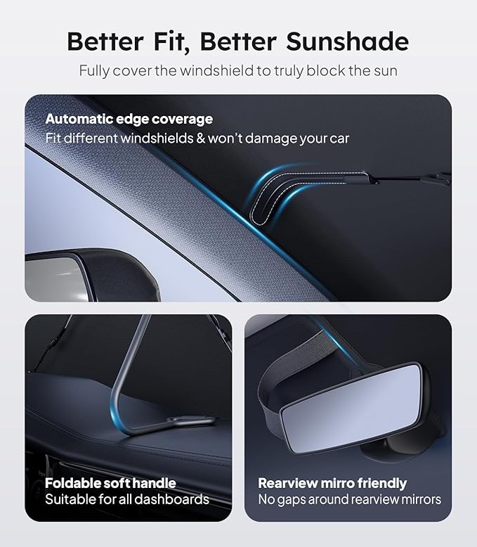 2025 Ice-Shield Car Windshield Sun Shade [100% Sun Block, 4th-Gen Cooling Tech] Reflective Heat Insulation, Portable Foldable Front Window Sunshade Umbrella for Compact Sedans - Universal Fit 53"x29"