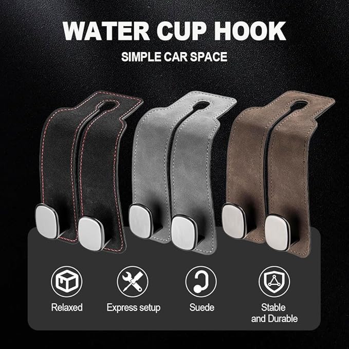 2026 New 2 in 1 Car Seat Back Storage Hook, Car Backseat Organizer Accessories, Premium Leather Headrest Hook for Auto Hooks Organizer for Handbag Purse Coat Bags (2, Black)