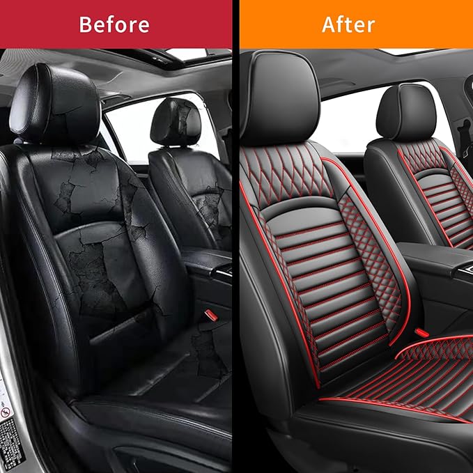 Fit Santa Fe Car Seat Covers for Hyundai Santa Fe 2007-2025 2026 - Upgraded Premium Waterproof & Breathable Leather, Airbag Compatible, All-Weather Seat Cushion Protector(2 Front/Black+Red)