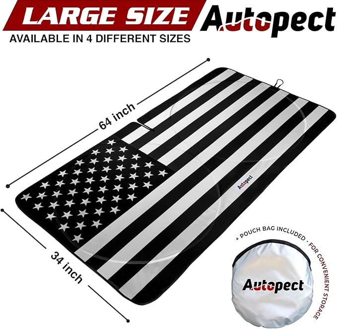 Windshield Sun Shade - American Flag Design, High-Resolution Sun Visor for Car, Truck, SUV with Mirror Cut-Out for Interior Sun Protection, Foldable Car Sun Shade (Black and White, Large)