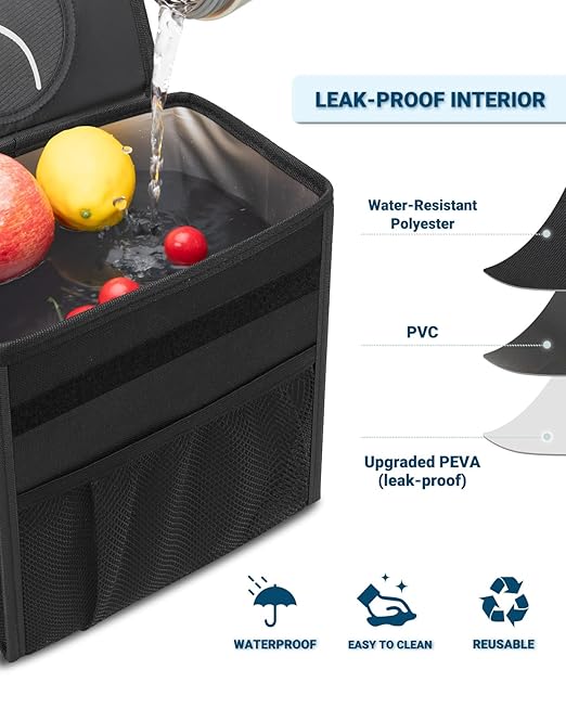 Capolo Car Trash Can with Lid, Leakproof Car Trash Bag Hanging Waterproof Automotive Garbage Can with Storage Pockets Mini Vehicle Trash Bin for Back/Front Seat(Black,3 Gallon)