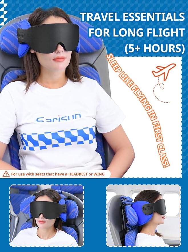 Travel Pillows for Airplanes, Airplane Pillow with Eye Mask for Long Flight, Airplane Head Strap for Sleeping, 360° Support Headrest for Car Trip, Stop Bobblehead Travel Essential, Dark Brown