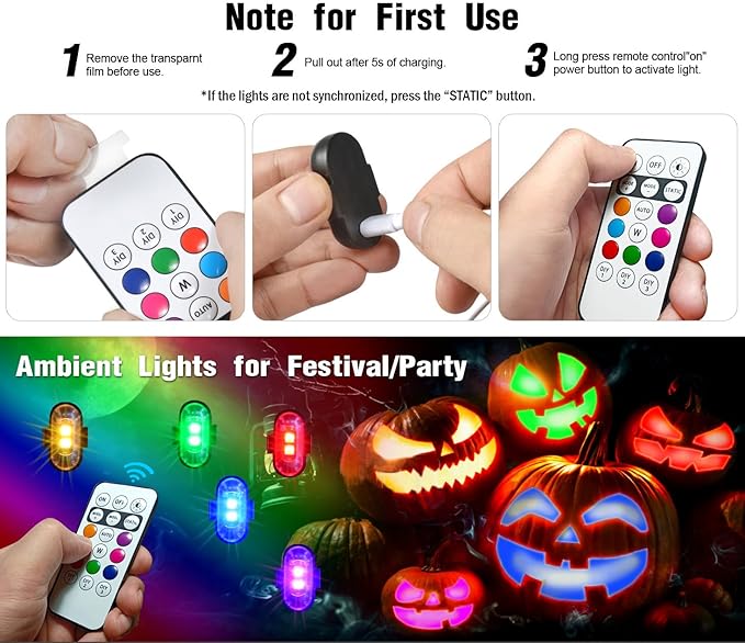 6PCS Wireless LED Strobe Lights with Remote Control, 8 Colors Rechargeable Led Lights Anti-Collision LED Emergency Warning Lights for Car Motorcycle Bike Drone Aircraft