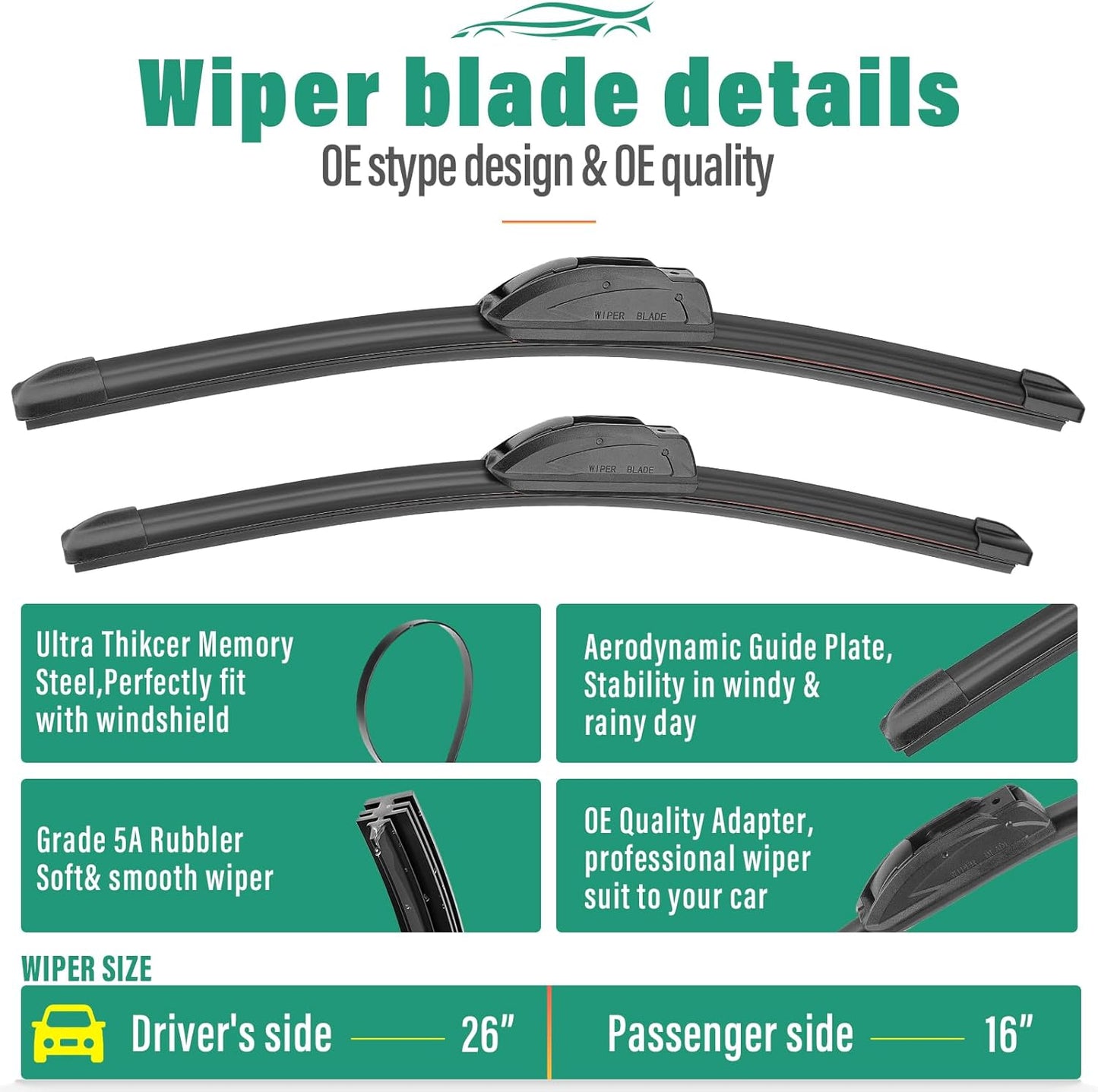 26" 16" 10" Windshield Wiper Blades Replacement for Nissan LEAF 2011 2012 2013 2014 2015 2016 2017 Premium All Weather Front Rear Wipers Set - OEM Quality (Pack of 3)