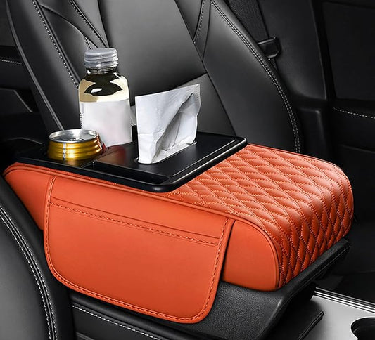 Car Armrest Center Console Cover for Cadillac Escalade 1999–2025, Center Console Pad with Cup Holder, Multifunctional Armrest Cushion,F Orange
