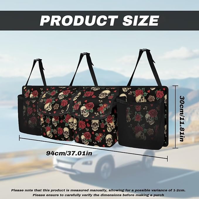 Red Rose Skull Car Trunk Organizer, Backseat Hanging Storage with 4 Large Pockets, Collapsible Cargo Bag with Adjustable Straps Sturdy Space Saving Expert for SUV, Truck, Van