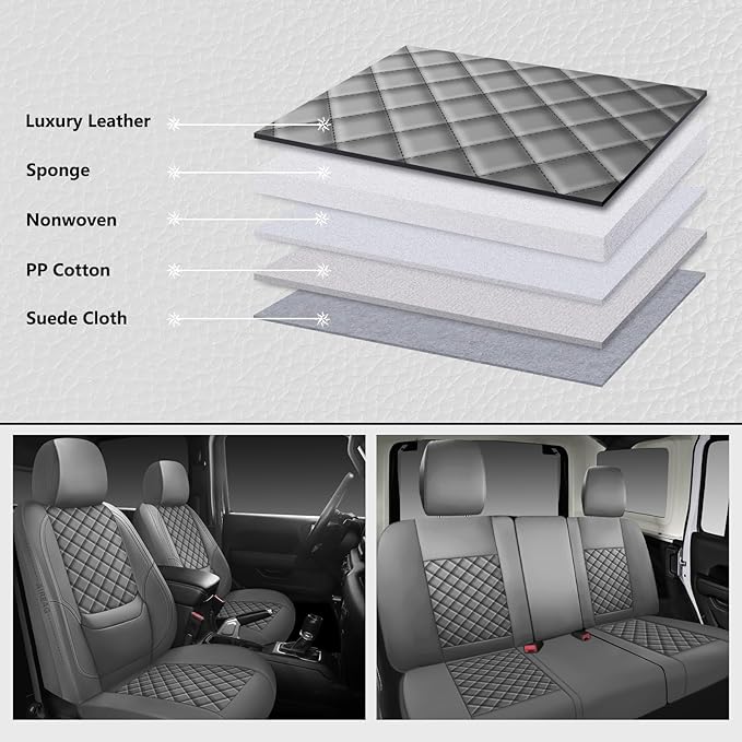 Wrangler Seat Covers 2007-2026 Front Pair, Waterproof Leather Interior Sets with Lumbar Support Custom Fit for Jeep Wrangler JK JL 2/4 Door Unlimited Sahara/Sport/Rubicon X 392 Willys, Gray