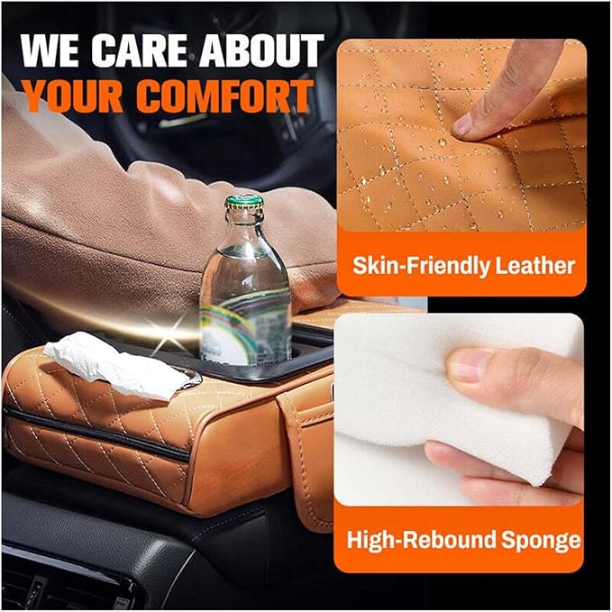 Car Armrest Box Thicken Height Pad Arm Rest Cushion Memory Cotton Elbow Universal Auto Interior Storage Tissue Organizer(Beige)