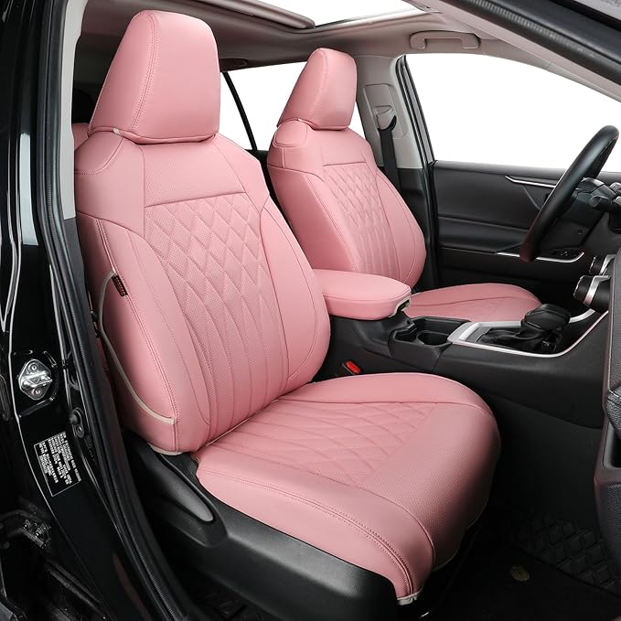 EKR Rav4 Seat Covers Custom Fit for Toyota Rav4(Gasoline) 2019 2020 2021 2022 2023 2024 2025 LE/XLE/XLE Premium/Limited,Leather Car Seat Cover Full Set for SUV,Faux Leather(Pink)