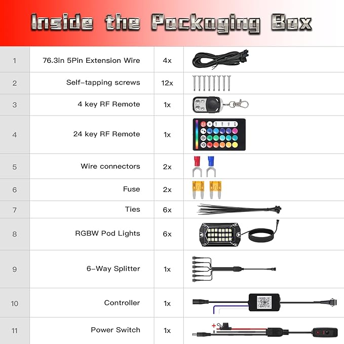 6 Pods Full Angle RGBW LED Rock Lights for Jeep ATV UTV RZR SXS Truck Offroad,Waterproof Multicolor Neon Underglow Kit with APP/RF Remote, 12V Pure White Underbody Lights