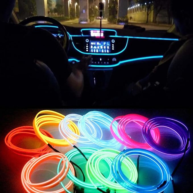 Riloer El Wire Lights for Car, Interior Neon Lights Strip Car LED Strip Light Interior for Car Garden Party Decoration, Car Ambient Lighting Kits, 5m/16.4ft Ice Blue LED