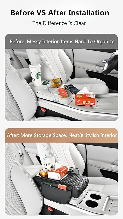 Car Armrest Pad with Built-in Induction Charging, Leather Center Console Cushion with 15W Power Pad, Dual Cup Holders, Storage Pockets - Coffee