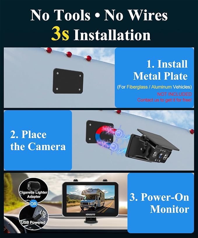 VEKOOTO VK7Pro 2 Magnetic Solar Wireless Backup Camera with 7'' IPS Touchscreen, 15,800mAh Rechargeable, No Wiring, HD1080P Night Vision Wireless Backup Camera for Trucks, RV, Trailer, Camper