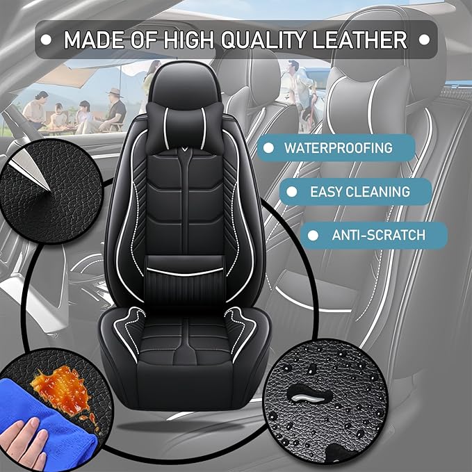 Leather Car Seat Covers Fit for Toyota FJ Cruiser 2002-2024, 5 Seater Car Seat Cover, Premium Waterproof, Scratch Resistant Car Interior Accessories (Full Set with Pillow Black White)