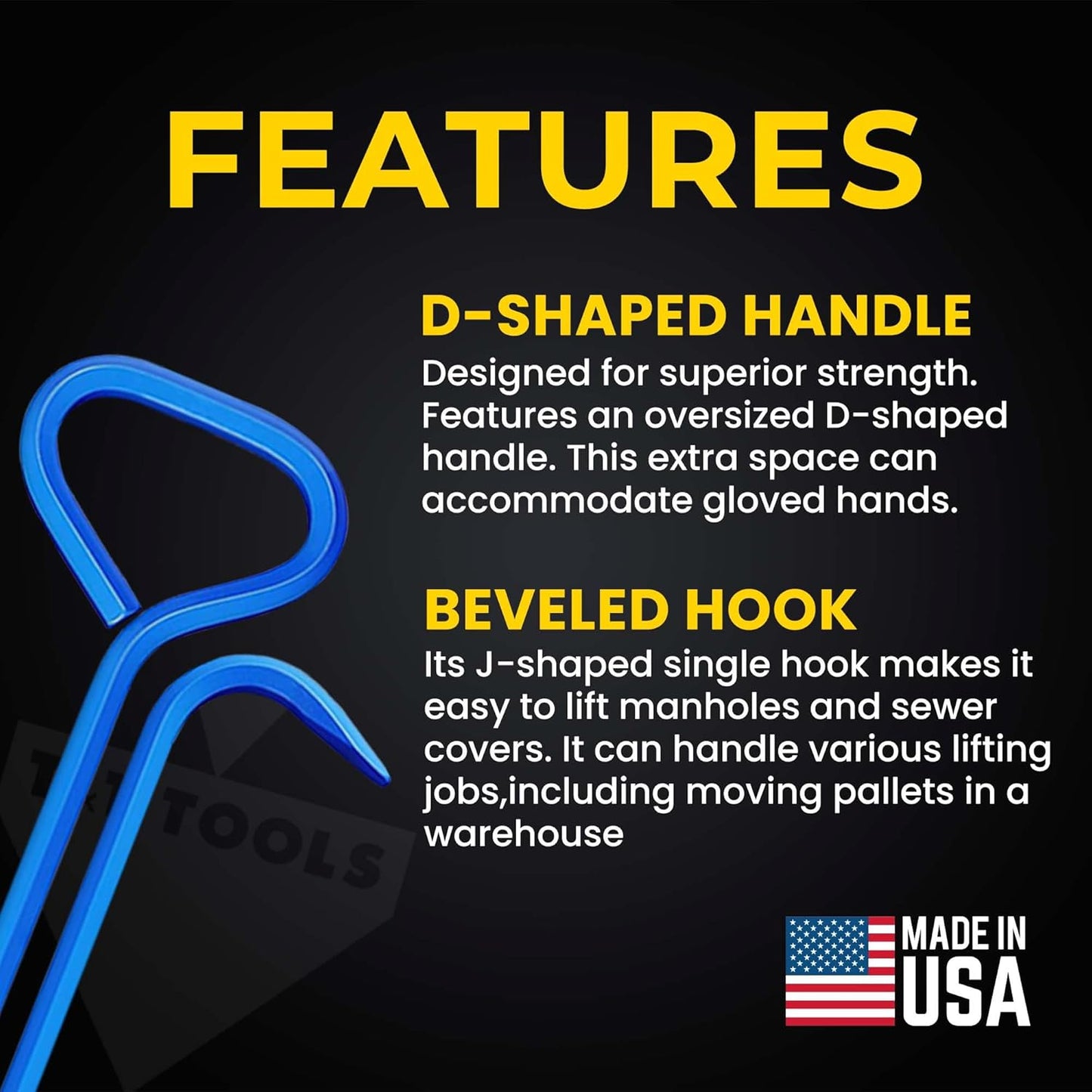 T&T Tools 36-Inch Manhole Hook Tool - Heavy Duty Single Hook for Lifting Manhole Covers, Storm Drains, Septic Tank Risers - Rigid Hex Alloy Steel Tool for Lifting, Pulling, and Removing Covers-1 Pack