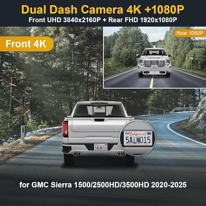 Fitcamx Front 4K+Rear 1080P Dash Cam Adapts for GMC Sierra 2020-2026 (HD2-9135, 5 Vents at Front), OEM Factory Look, 2 Way HD Video, WiFi & APP, Loop Recording, G-Sensor, Easy to Use, 128GB Card
