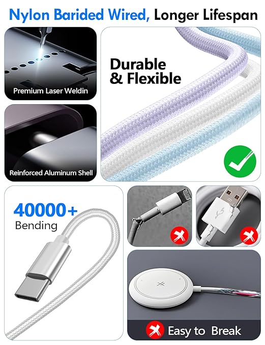 2 Pack Multi Charging Cable Cord for Travel Essentials,Apple Watch Charger,iPhone Charger,[3-in-2] Type C/L Cable Portable Designed for iWatch,iPhone 17-8,Galaxy S25-21,AirPods,iPad-4FT White