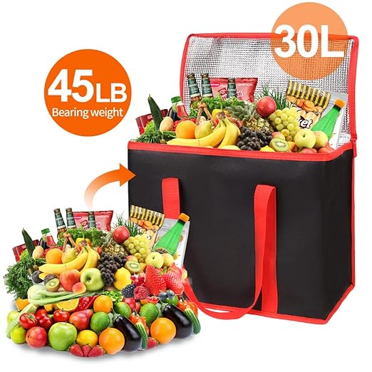 Bodaon odaon 4-Pack Insulated Reusable Grocery Shopping Bags, X-Large Picnic Cooler Bag Cold, Black with Red Edge
