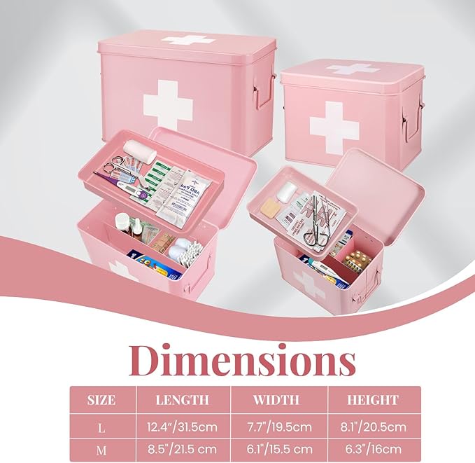 Flexzion First Aid Box Organizer Empty 13" Pink Vintage First Aid Kit Tin Metal Medical Box - First Aid Storage Box Container Bins with Dividers, Removable Tray and White Cross Logo