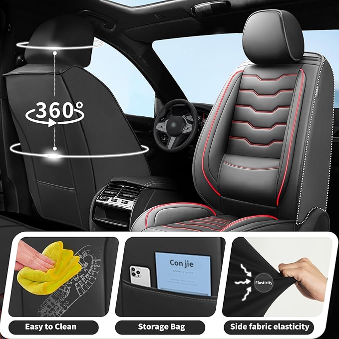 Fit Accord Car Seat Covers Premium Leather for Honda Accord 2012-2025 2026. Waterproof， Breathable, Scratch-Resistant & All-Weather Seat Cushion Protector（Full Set,Red Line Black