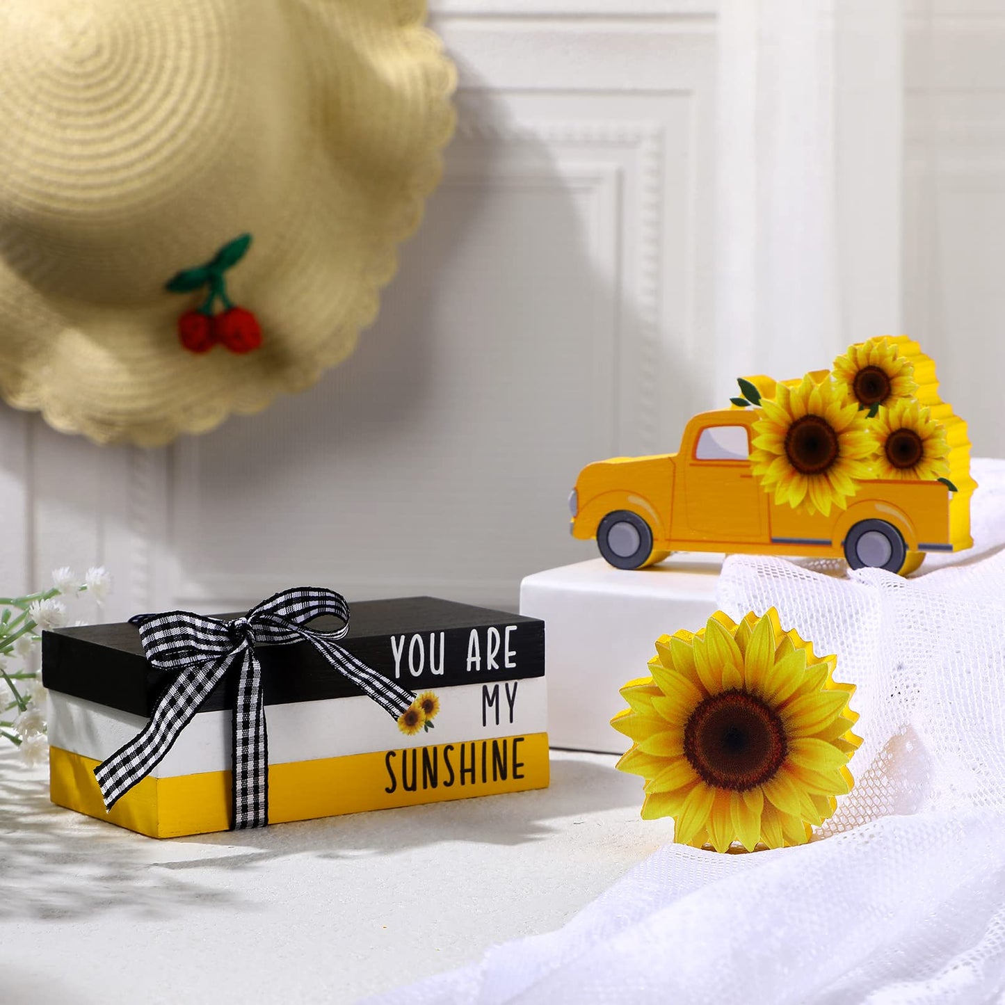 Yookeer 5 Pieces Farmhouse Tiered Tray Decor Items Rustic Wooden Mini Truck Bundle Books Stack Sign for Summer Spring Home Harvest Table Shelf Decorations(Sunflower Style)