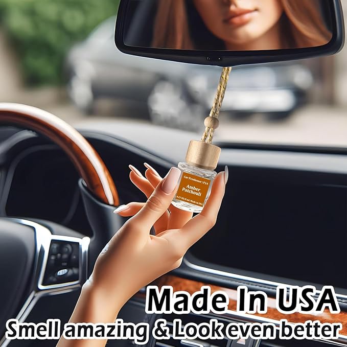 C Classy Hanging Car Air Freshener 2 Pack, Amber Patchouli Essential Oil Diffuser, Long-Lasting Fragrance, Cute Glass Bottle Car Accessories for Women & Men, Made in USA