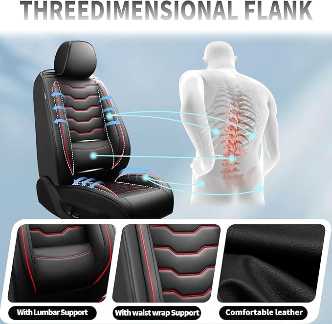 Fit Leaf Car Seat Covers Compatible with Nissan Leaf 2012-2025 2026 - Premium Leather，Waterproof Breathable，All-Weather Seat Cushion Protecto&Airbag Compatible (2 Front Seat Red Line Black)