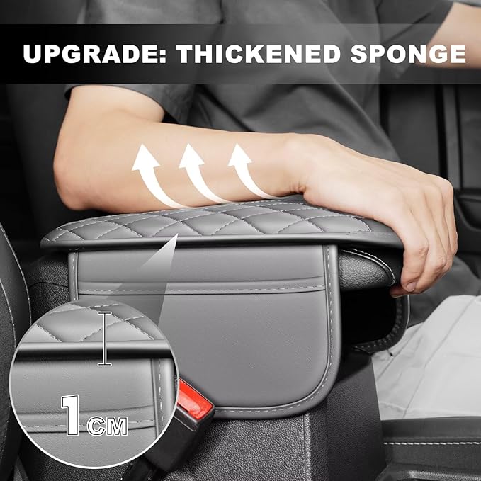 Upgraded Car Center Console Cover Fit for Land Cruiser Faux Leather Car Armrest Cover Cushion with 2 Storage Bags,Car Armrest Storage Box Interior Accessories(Grey&Whiteline)