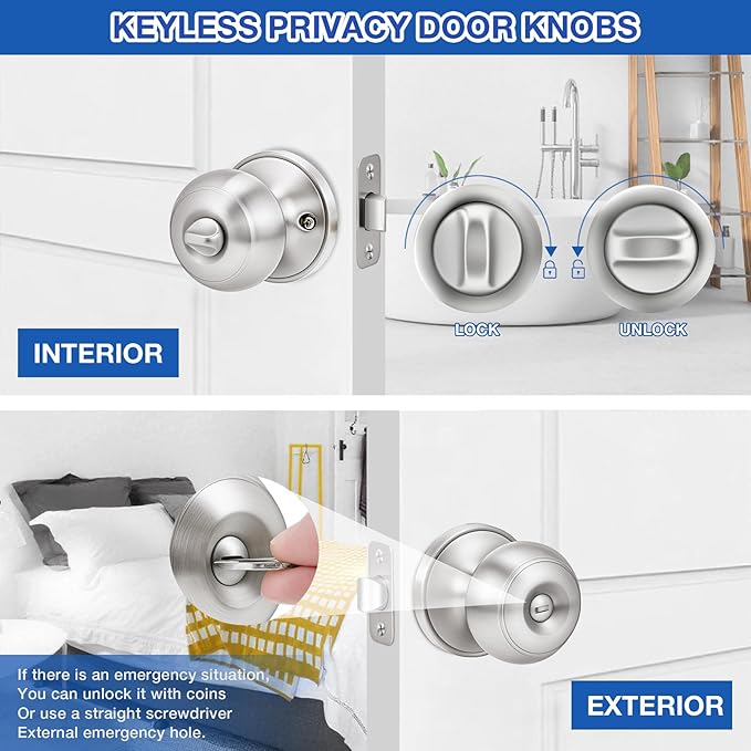 Plustool 10 Pack Brushed Nickel Door Knobs,Privacy Door Knob with Lock, Interior Doorknobs Silver, Keyless Door Locks Set for Bedrooms Bathrooms, Reversible for Left/Right Door Handle