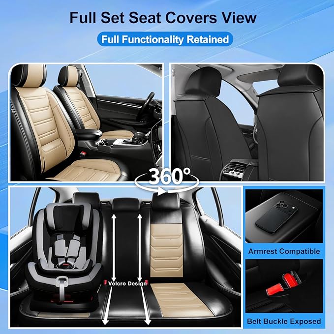 Fit Trax Car Seat Covers for Chevrolet/Chevy Trax 2015-2026, Premium Full Coverage Leather, Waterproof All Weather Seat Protector, Airbag Compatible, Scratch Resistant, Front Pair Black+Beige