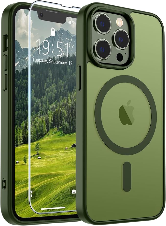 SUPFINE Magnetic for iPhone 13 Pro Case (Compatible with MagSafe) (Military Grade Drop Protection) Slim Translucent Matte Shockproof with Anti-Fingerprint Phone Case,Cangling Green