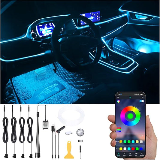 Car Atmosphere Light Kit 5m Fiber Optic RGB Multicolor Sound Active Music Sync Memory Function Bluetooth APP Control 64 Colors USB Car Interior Ambient Lighting Kit DC 12V