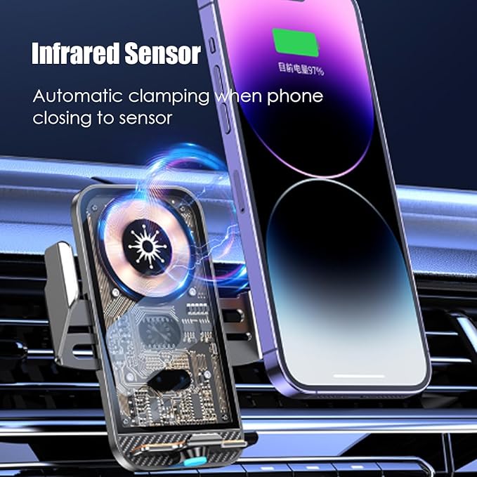Transparent Wireless Car Charger, Smart 15W Fast Magnetic Charging, Auto-Clamping Wireless Charging Mount, Stable Car Cell Phone Holder Suitable for Magnetically Chargeable Smartphones (Gold)