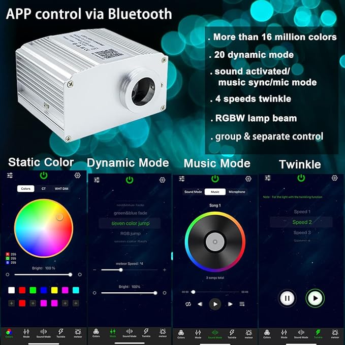 AZIMOM 10W Twinkle Bluetooth RGBW LED Fiber Optic Star Ceiling Light Kit 300pcs 0.75mm 9.8ft Sensory Music Mode APP Remote Control for Indoor Car Interior Decoration